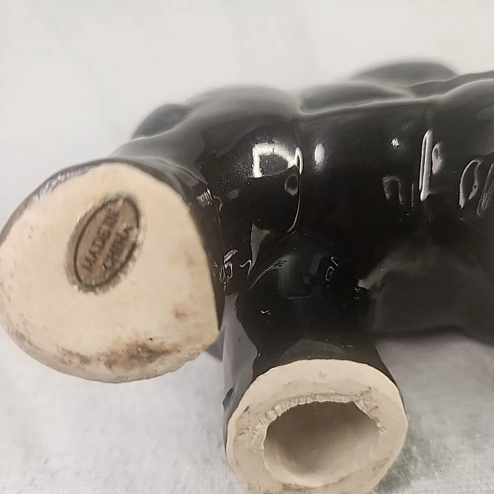 Elephant Figurine Black Ceramic Mother Baby Trunks Up Glossy Vintage MCM